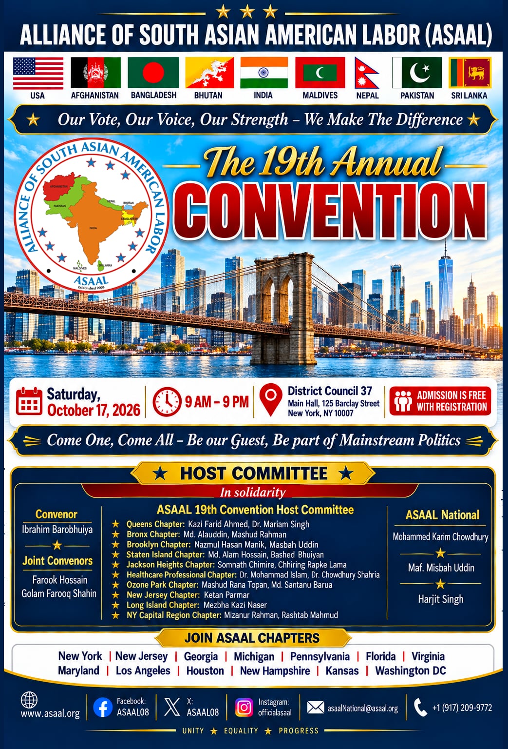 ASAAL 19th Annual Convention flyer — Saturday, October 17, 2026, 9 AM to 9 PM, District Council 37 Main Hall, 125 Barclay Street, New York, NY 10007. Admission is free with registration.